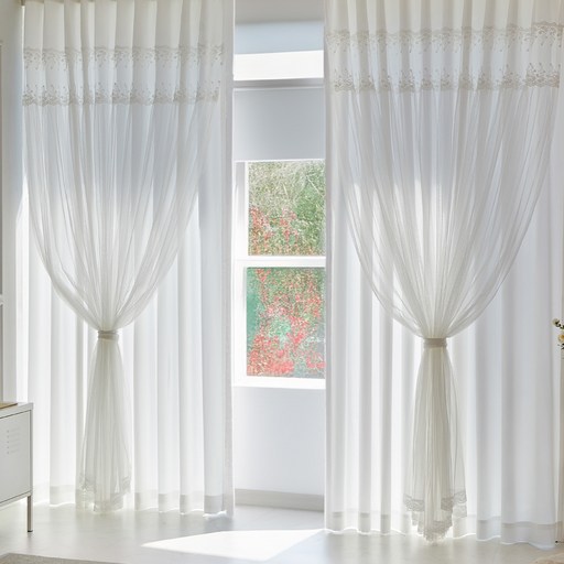 뷰하우스 엘루나 이중 레이스 쉬폰 커튼 2개  기본 커튼 끈 2개  후사고리 2개