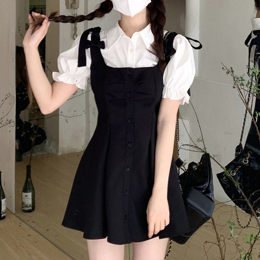 cammello 걸리쉬 화이트 반팔 셔츠 + 뷔스티에 미니 원피스 세트 프레피룩 셋업