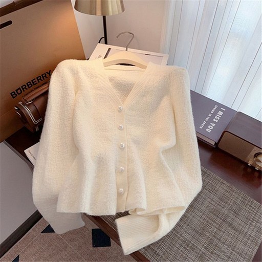 COSYEVNO 여성 가디건 가을 브이넥 빈티지 엘레강스 시크 루즈핏 캐주얼 프릴 진주 버튼 상의 CXJzzs44