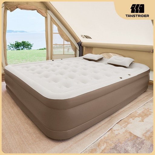 TANSTRIDER 에어매트 자충형 휴대용 에어매트리스 42홀 에어침대 내장형 실내 캠핑 자충매트 높이45cm 에어침대 캠핑 매트 에어배드 캠핑용품 매트리스, 밀크화이트, 1개