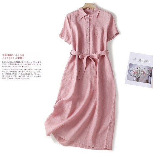 POMTOR여성 여름 빅사이즈 롱 반팔 린넨 드레스