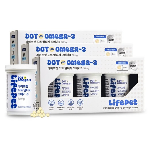 라이프펫 강아지 고양이 도트 알티지 오메가3 50mg 영양제 순도80 초임계 180캡슐, 3개, 오메가3, 180정
