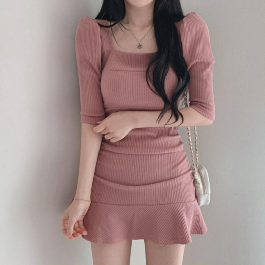 레티고 스퀘어넥 골지 슬림 미니 원피스