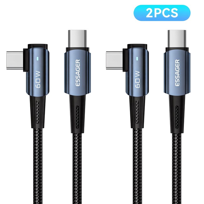Essager PD 60W C to C타입 엘보 90도 L자형 고속충전 케이블 2개입, 블루, 2개, 2m