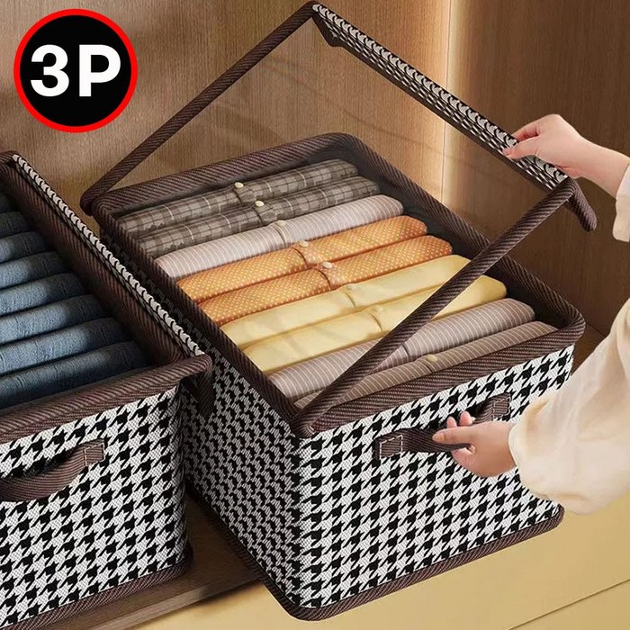 밍고쓰 접이식 투명 옷 정리함 리빙박스 3p, 3개, 체크 밍고쓰 접이식 투명 옷 정리함 리빙박스 3p, 3개, 체크