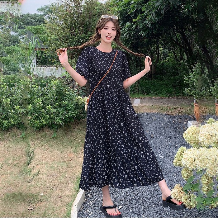 BIKASU 여성 여름 플라워 쉬폰 미디 원피스 빅사이즈 반팔 원피스 휴양지룩