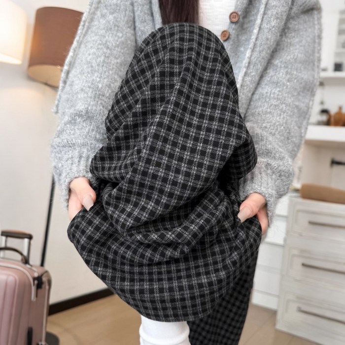 큐엔유 여성 가을 겨울 체크 기모 와이드 팬츠