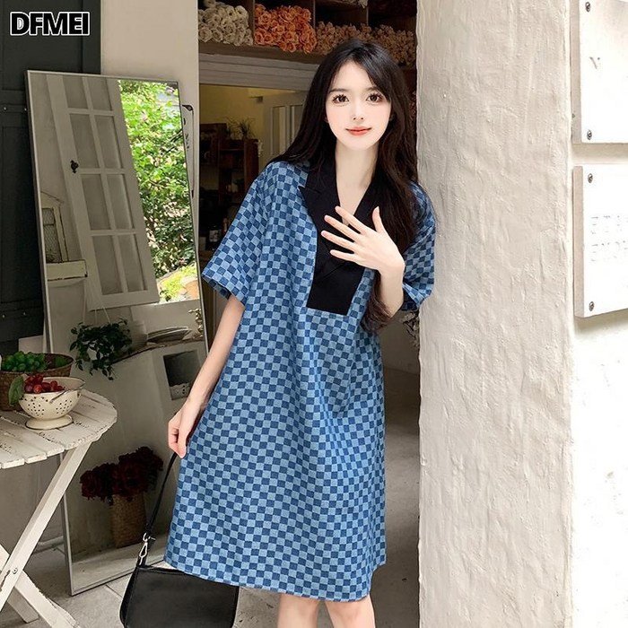DFMEI 여름 빅사이즈 정장넥 바둑판 체크 원피스 여 루즈핏 패치 스커트