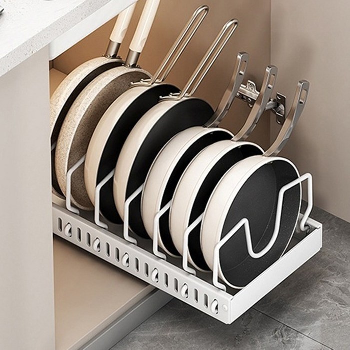 FONOW 슬라이딩선반 접시 후라이팬 싱크대 정리대 수납 선반 다용도 정리대  칸막이 조절 가능