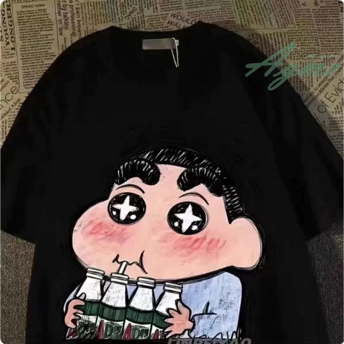 에그미 짱구는 못말려 빨대 음료 짱구 워시 순면 티셔츠 반팔 남녀 공용 캐주얼