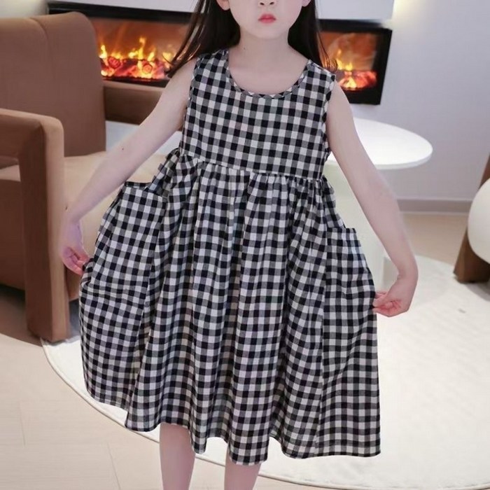 Toruva어린이 여름 체크 민소매 원피스 귀여운 풍성한 치마14세 이상
