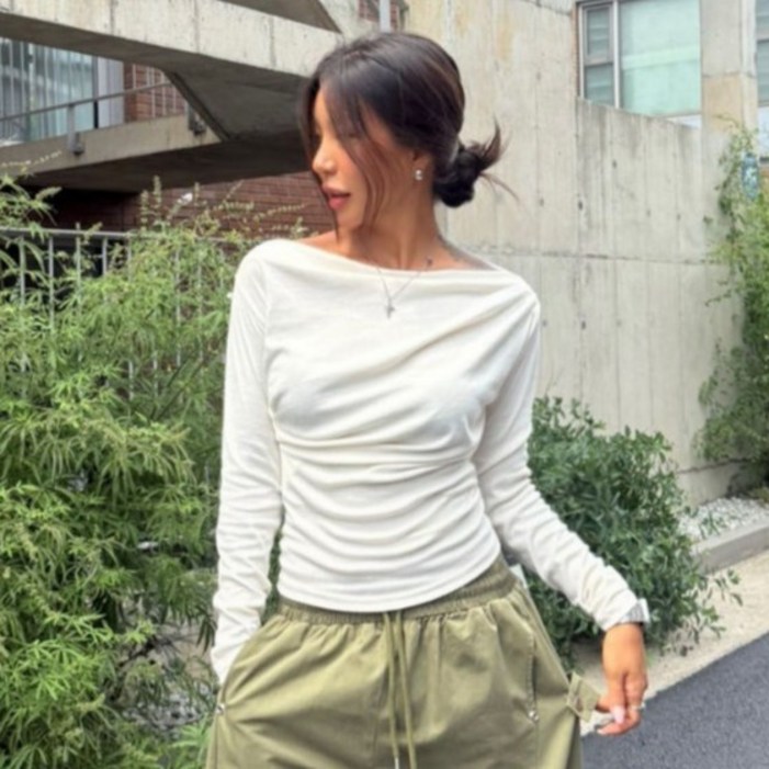 라라온 여성용 심플 보트넥 주름 긴팔 티셔츠 TSP2916