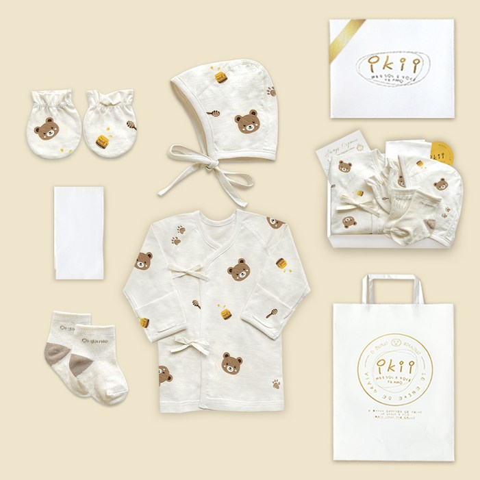 이키 유아용 오가닉 배냇저고리 5종 출산 선물 포장 세트 사계절용 뱀 긴소매  쇼핑백