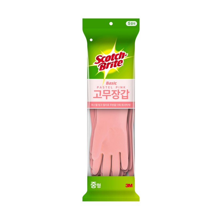 스카치브라이트 베이직 고무장갑 5p, 파스텔 핑크, 중M, 1세트