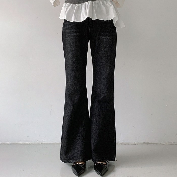 플랜데이 여성용 롱숏 기장 바넷 여유핏 플레어진 워싱 데님 팬츠