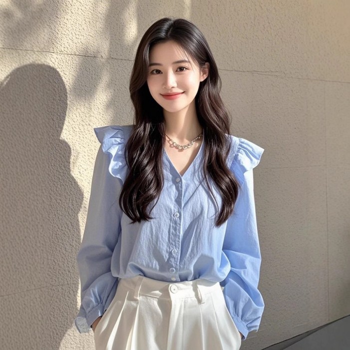 SAHINER 봄가을 여성 데일리 프릴 쉬폰 브이넥 긴팔 블라우스 LWACS56
