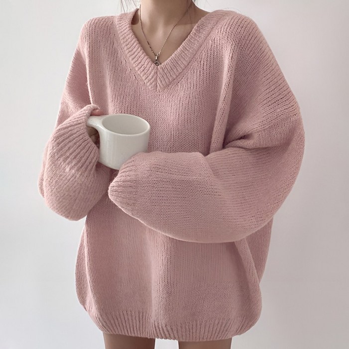 라뷰드 오버핏 도톰 브이넥 롱니트 여성 겨울 원피스 두꺼운 루즈핏 여자 스웨터 빅사이즈 여리핏 긴팔 니트 단독 레이어드 여성 상의