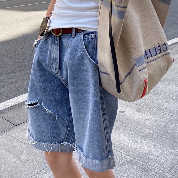 퀸앤조이 빈티지 찢청 루즈핏 5부 데님 팬츠판매자 SSK무역