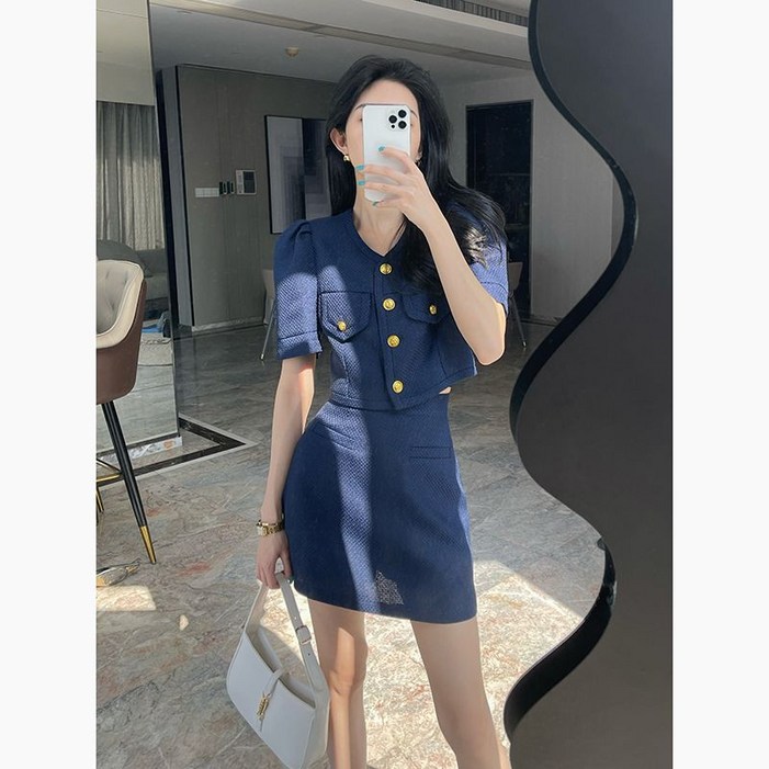 셀럽당 여성용 트위드 크롭 자켓  스커트 투피스 세트 반팔 크롭 여성 자켓 미니 스커트 여름