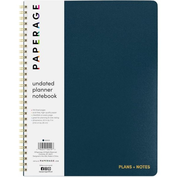 플래너 다이어리 학습 위클리 PAPERAGE 날짜 없는 Spiral Bound Soft Cover 노트북 Blush 8.5 x 11 104개의 줄이 있는 페이지 포함 데일리