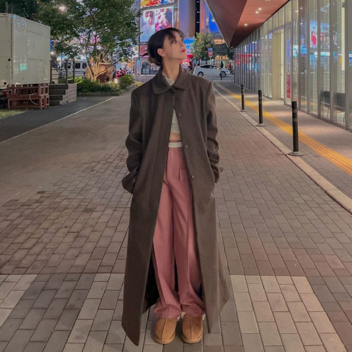 워너비뮤즈   롱기장오버핏  싱글 맥시 롱 코트 패드 카라넥