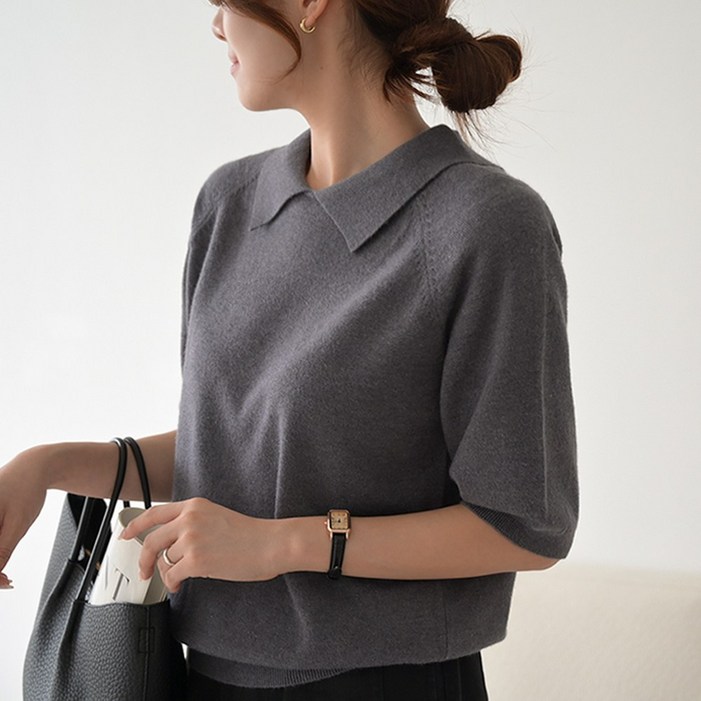 데일리앤 시프 여성 퍼프 5부 반팔 카라넥 니트 티셔츠 부드러운 가을 무지 나그랑 니트티