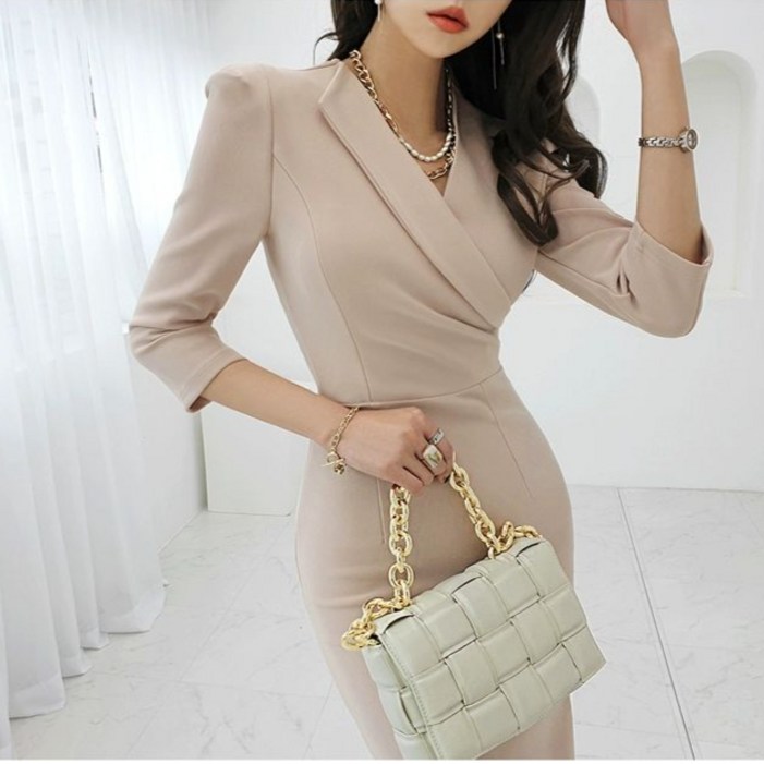 아나운서 라인 정장원피스 여성 원피스 미디 슬림 랩 브이넥 캐주얼 오피스룩