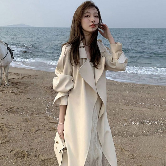 모몰라티 여성용 심플 베이직 트렌치코트 벨티드 미디 코트