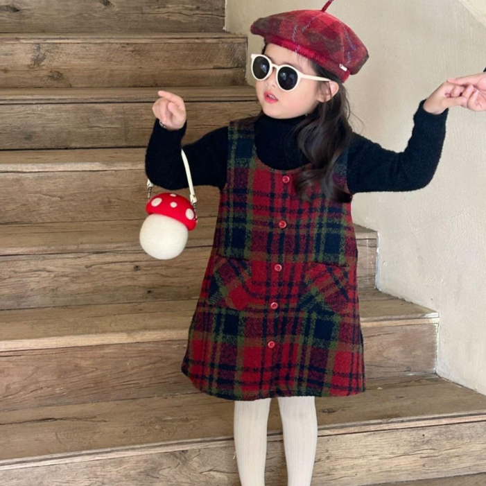 여누키즈 키즈 아동복 여아용 레드 모직 원피스 티셔츠 크리스마스 명절 드레스 초등 학생 치마 촬영복