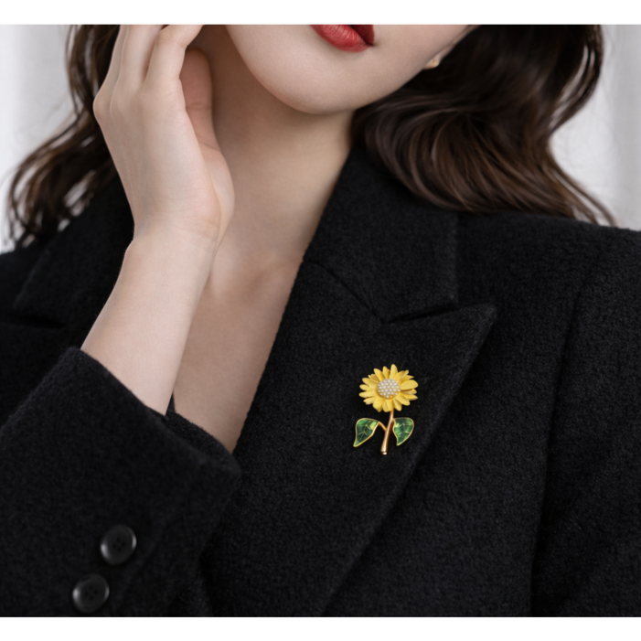 행복을 담은 해바라기 브로치 골드 플라워 큐빅 여성 정장 자켓 포인트