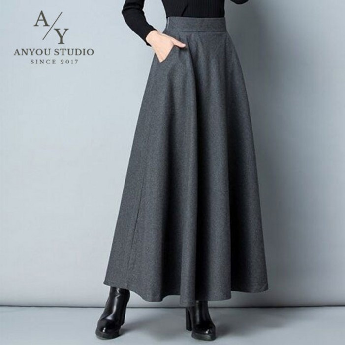 ANYOU 모직 스커트 모직 스커트 추동 치마 롱 스커트 롱 스커트 무지 모직물군 무지 스커트 왕단치마