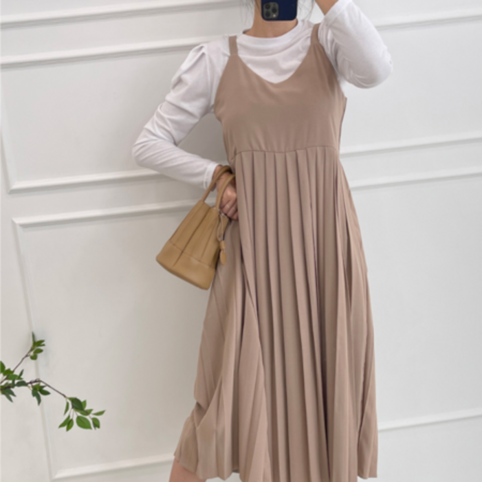 끈조절 뷔스티에 플리츠 롱원피스