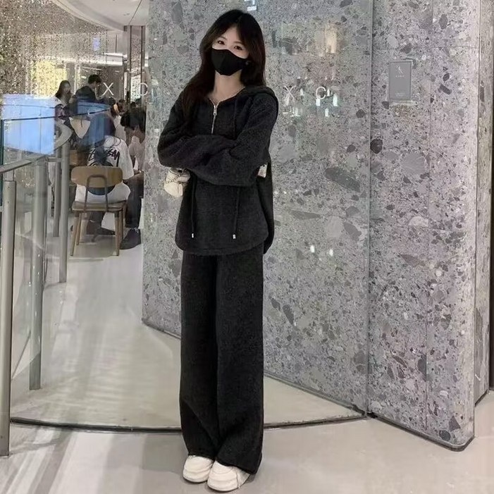 AOKADA여성 오버핏 긴팔 후드티 와이드 팬츠 트레이닝 투피스 가을 캐주얼 츄리닝 상하의 세트