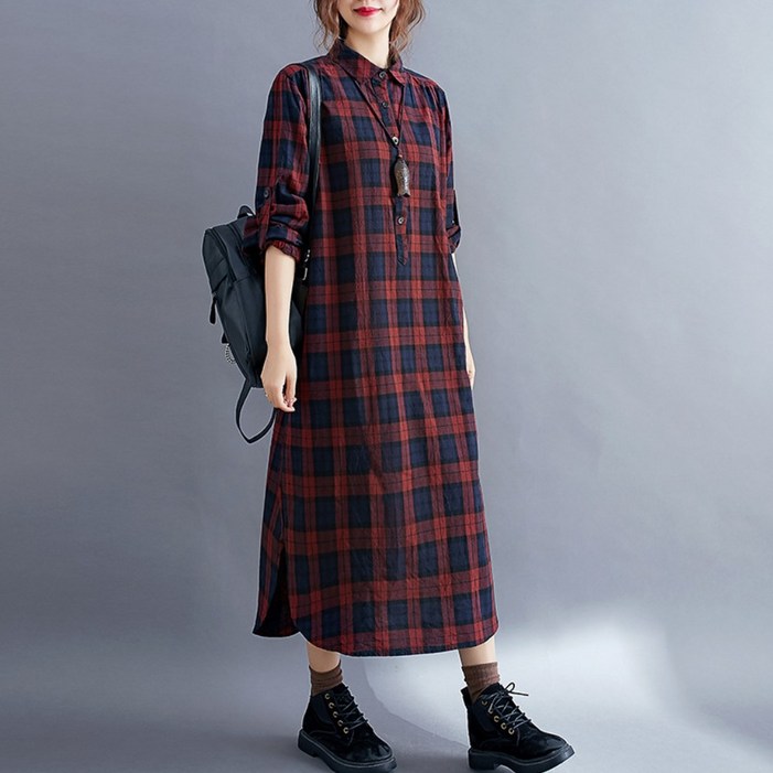 플랜앤유 여성 체크 패턴 루즈핏 롱 셔츠 원피스 데일리룩