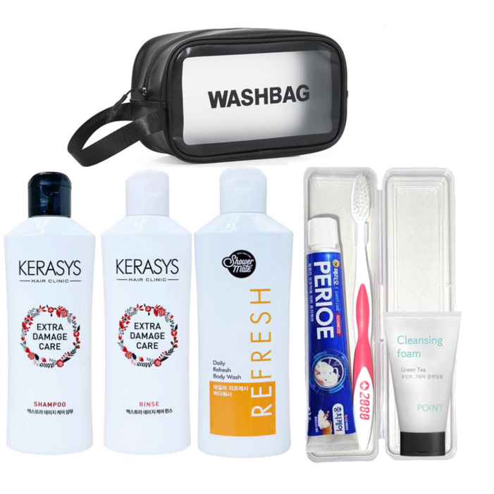 여행용 세면도구 세트 7종샴푸린스바디워시클렌징폼칫솔치약파우치, 1세트