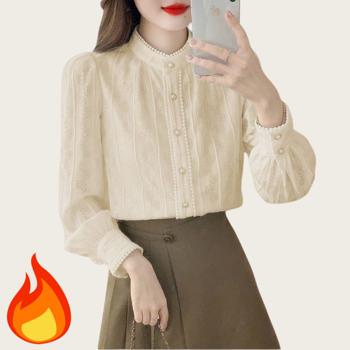 Makone 여성 가을 겨울 반폴라 기모 티 셔츠 레이스 오피스 블라우스