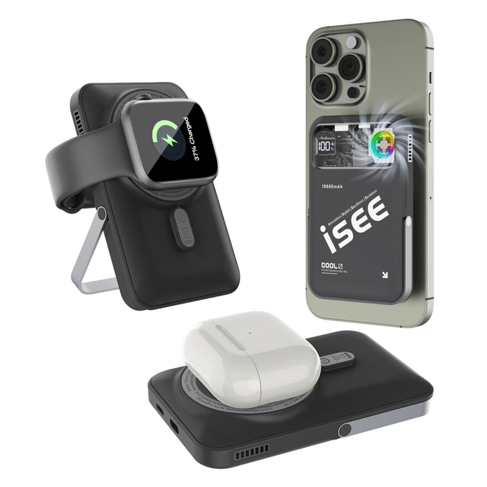 isee 아이시3in1대용량 쿨링 맥세이프 터보 냉각팬 거치대 무선고속충전 리튬 폴리머 보조배터리 10000mAh, 블랙 isee 아이시3in1대용량 쿨링 맥세이프 터보 냉각팬 거치대 무선고속충전 리튬 폴리머 보조배터리 10000mAh, 블랙