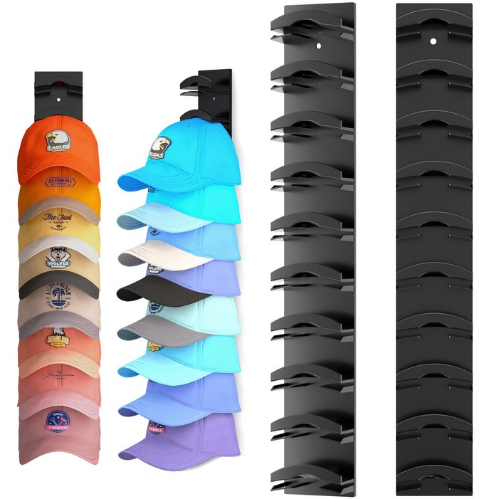 Topsun 야구 모자용 모자 정리함, 강력한 접착력을 갖춘 벽용 모자 선반 최대 20개의 모자, 도어 옷장용 모자 걸이 홀더 디스플레이, 모자 정리함 수납 멀티 레이어, 2개, 블랙