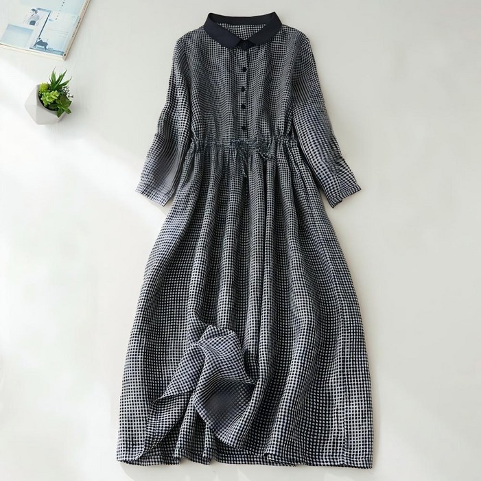ZAJA 여성 봄가을 흑백 체크 원피스 롱기장 카라넥