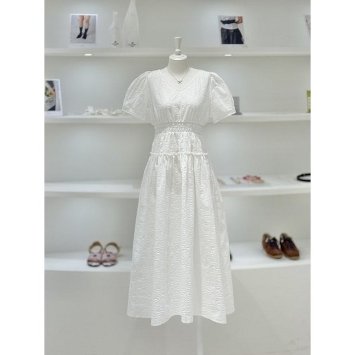 백화점 정품 듀엘 원피스 여주점 여성 퍼프소매 브이넥 롱 L253PSE010