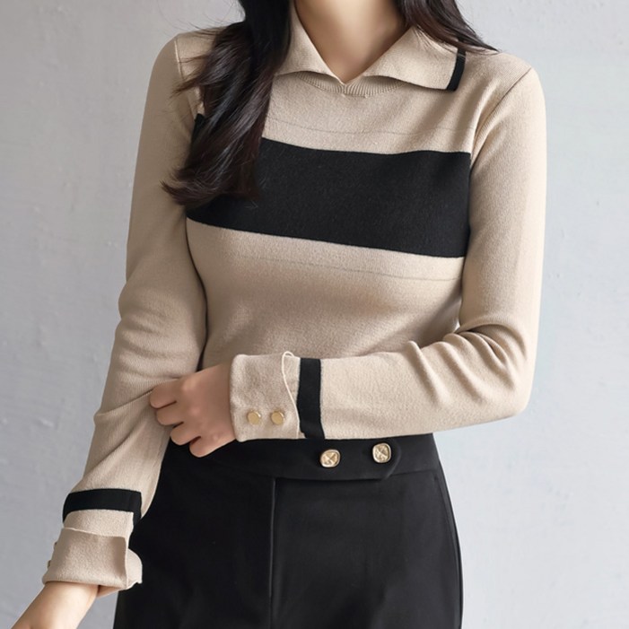 스타일온미 카델라 슬림 톡톡 소매롤업 배색 라인 카라 니트