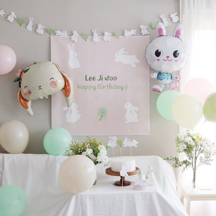 [파티조엘] 카툰 토끼와 플라워 토끼 풍선_큰 눈의 귀여운 래빗 벌룬 네추럴 생일파티