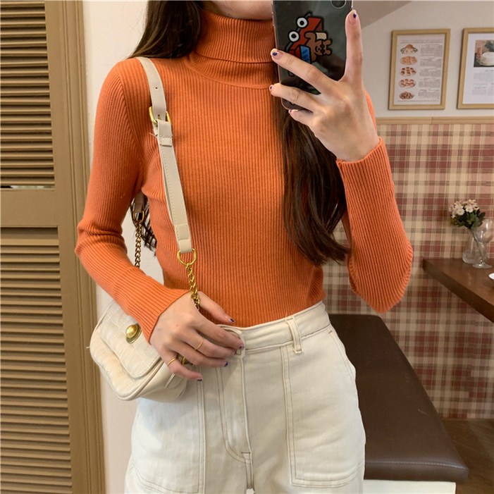 DFMEI 추동 폴라 니트 여 이너 타이트 긴팔 니트 레깅스 상의 코디