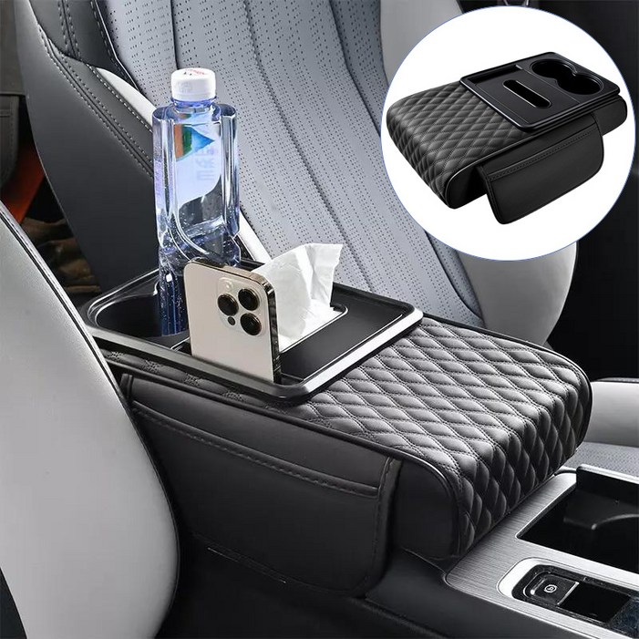 SEAMETAL 차량용 콘솔쿠션 팔걸이쿠션 컵홀더 수납함, 블랙, 1개