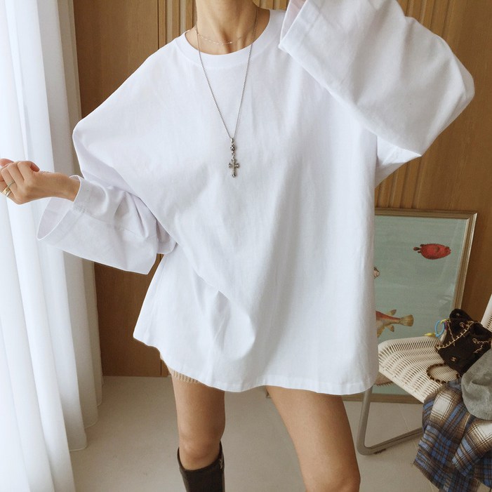 [아이미마인] 매일매일 라운드 무지 오버핏 힙덮는 면 긴팔 티셔츠