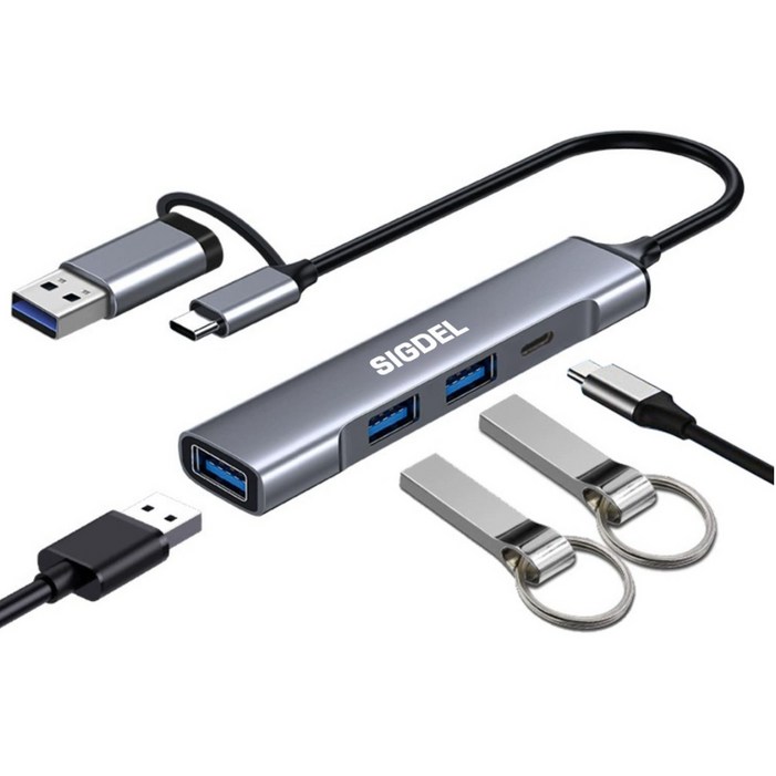 시그델 슬림형 4in1 USB 3.0 C타입 겸용 멀티 허브 4포트 USB3 C타입1 젠더 C to USB 노트북 컴퓨터 확장 포트 UH08