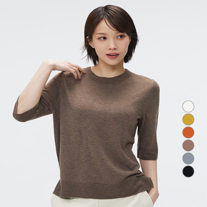 스파오 여성용 메리노울 라운드넥 릴렉스핏 5부 니트 SPKWF23W04