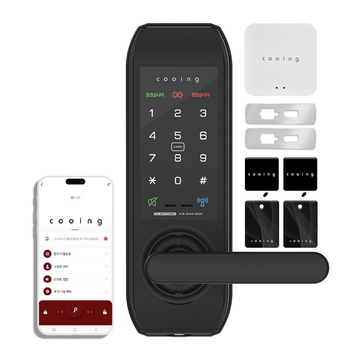 쿠잉 무타공 주키 손잡이있음 원격제어 IoT 현관문 스마트도어락 DL-BHT03BK + 보강판 + 게이트웨이 세트, DL-BHT03BK, 방문설치