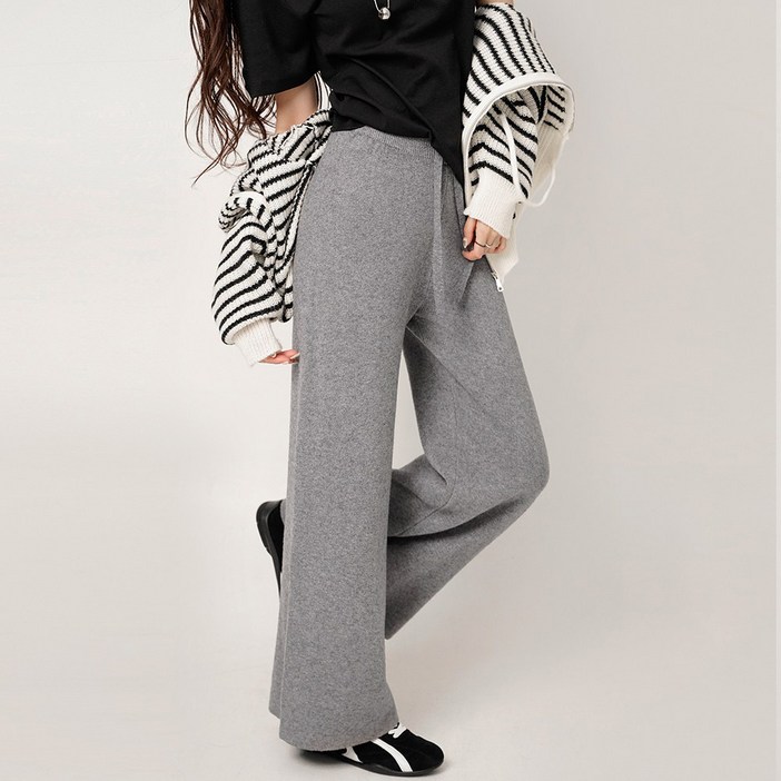 코튼클로젯 여성용 숏롱 기장 데일리 밴딩 와이드 니트 팬츠