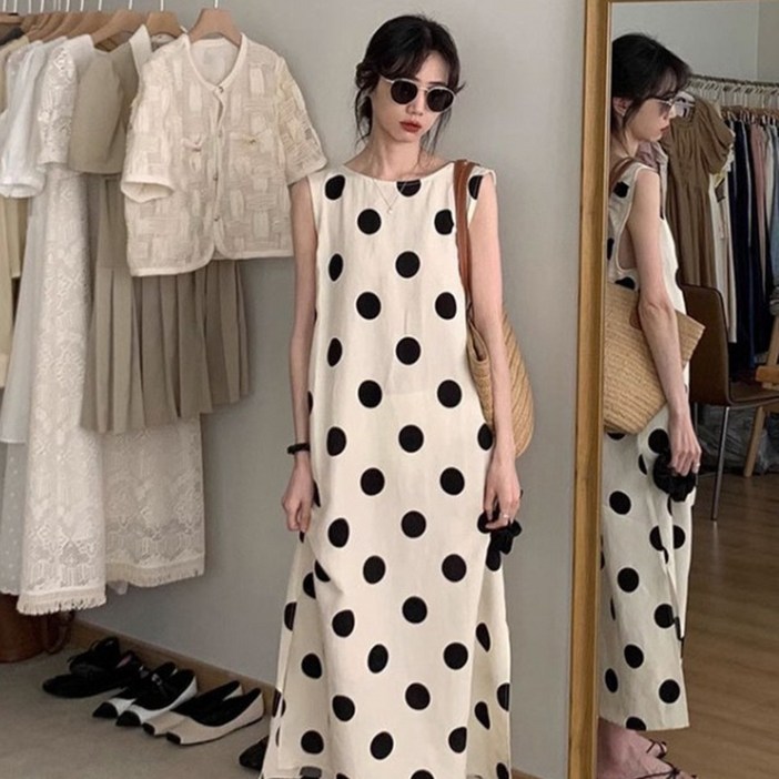 피어니스트 홀리데이 민소매 큐티 도트 롱원피스